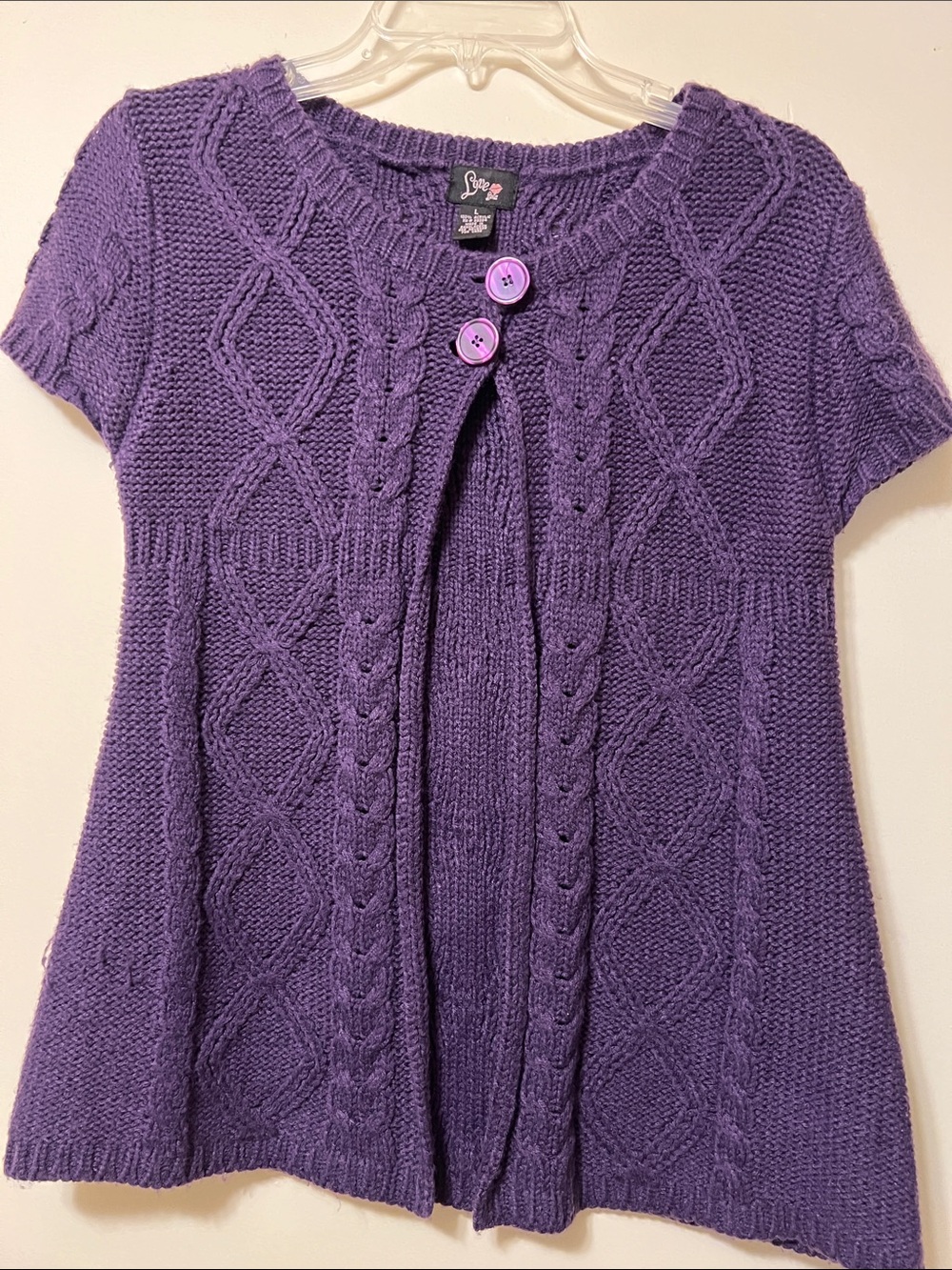 Love Lola Purple Short-Sleeve Cable Knit Women's Sweater Cardigan L Like New